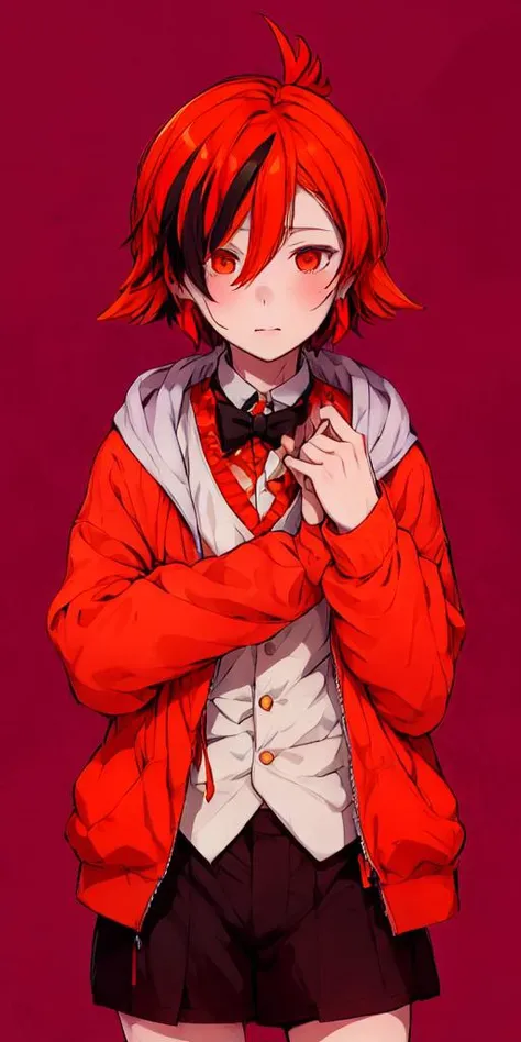 kazami kuku,solo,1girl,<lora:kazami kuku:0.7>,1girl, orange hair, solo, blush, multicolored hair, short hair, bow, black hair, hood, orange eyes, jacket, bowtie, streaked hair, hoodie, red hair, long sleeves,<lora:flat2:-0.5>,<lora:boldline2:-0.5>,<lora:saturation:0.5>,<lora:noline:-0.5>,<lora:flatBG:0.5>,<lyco:kotobuki:-0.75>