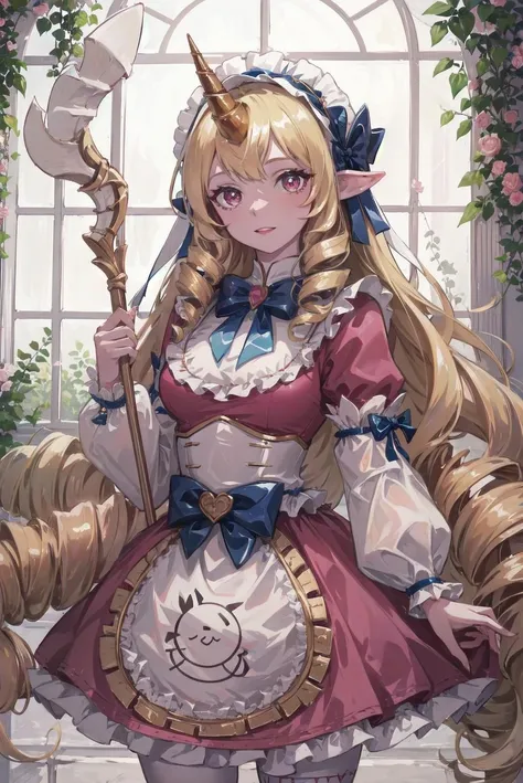 (8k), sharp focus, highres, 1girl, solo, (high quality:1.2), (high detail:1.2), (masterpiece:1.2), (extremely detailed:1.2) <lora:Cafe_Cuties_Soraka:0.8> cafe_cuties_soraka, horns, drill_locks