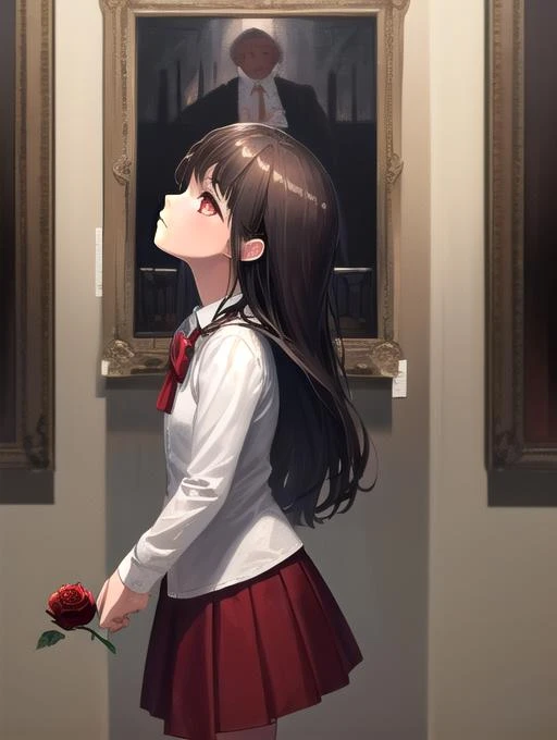 best quality, masterpiece, highres, detailed, realistic, <lora:Detail - add_detail:0.2>, Ib, <lora:Ib-10:1>, red eye, white shirt, red skirt, holding rose, art museum, long hair, bowtie, female child, haunted museum, dark room, scared, looking at painting, from side, night, looking up, dim lighting,
