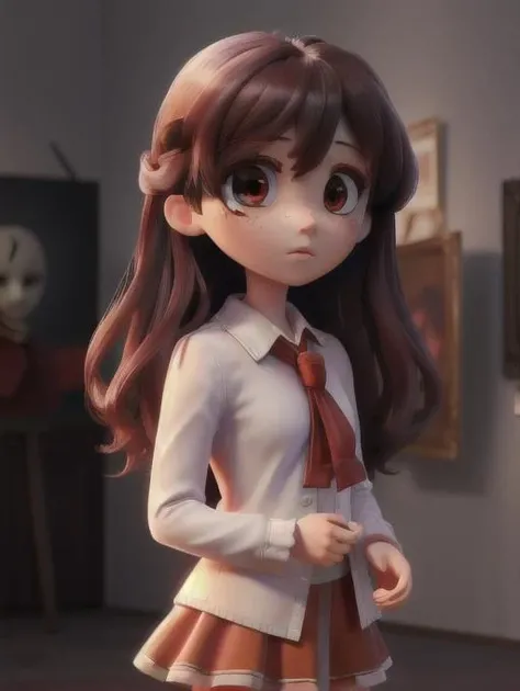 best quality, masterpiece, highres, detailed, realistic, <lora:Detail - add_detail:0.2>, Ib, <lora:Ib-10:0.8>, red eye, white shirt, red skirt, holding rose, art museum, long hair, bowtie, female child, dark background, horror \(theme\), lost, black background, night,