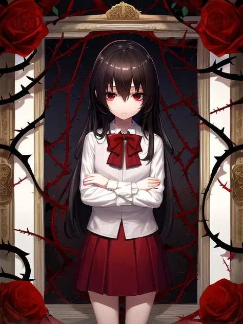 best quality, masterpiece, highres, detailed, realistic, <lora:Detail - add_detail:0.2>, Ib, <lora:Ib-10:1>, red eye, white shirt, red skirt, long hair, bowtie, female child, horror \(theme\), black background, rose, thorns, vines, title screen, empty eyes, creepy eyes, 10 year old girl, painting frame, expressionless,