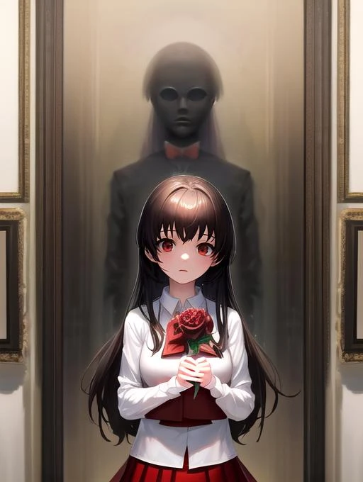 best quality, masterpiece, highres, detailed, realistic, <lora:Detail - add_detail:0.2>, Ib, <lora:Ib-10:1>, red eye, white shirt, red skirt, holding rose, art museum, long hair, bowtie, female child, horror \(theme\), chased by mannequin, mannequin behind girl, scared, white mannequin,