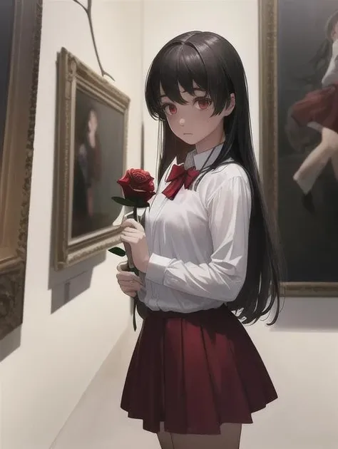 best quality, masterpiece, highres, detailed, realistic, <lora:Detail - add_detail:0.2>, Ib, <lora:Ib-10:0.8>, red eye, white shirt, red skirt, holding rose, art museum, long hair, bowtie, female child, dark background, horror \(theme\), lost, black background, night, art gallery, 10 year old girl,
