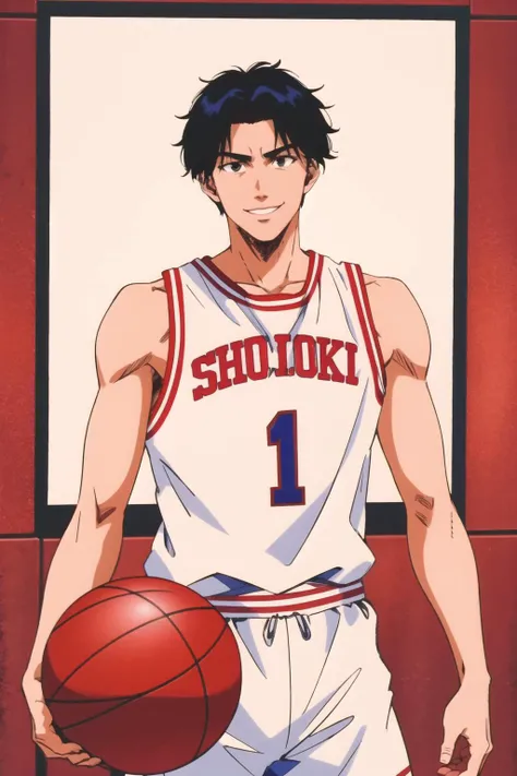 masterpiece,best quality,highres,<lora:Mitsui Hisashi:0.6>,Mitsui Hisashi,1boy,solo,black hair,black eyes,looking at viewer,basketball court,outdoors,red basketball uniform,smile,cowboy shot,