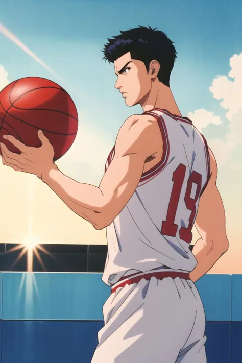 masterpiece,best quality,highres,<lora:Mitsui Hisashi:0.6>,Mitsui Hisashi,1boy,solo,black hair,black eyes,cowboy shot,basketball uniform,pitching,outdoors,basketball court,ocean,sunlight,