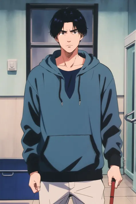 masterpiece,best quality,highres,<lora:Mitsui Hisashi:0.6>,Mitsui Hisashi,1boy,solo,black hair,black eyes,hoodie,hood,cowboy shot,hospital,canute,holding cane,