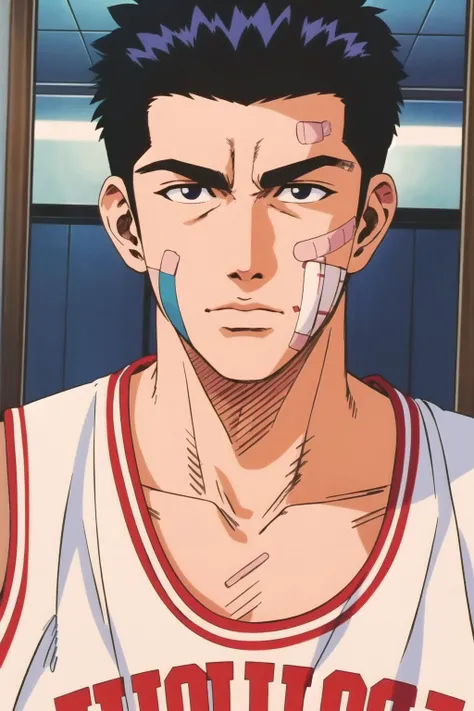 masterpiece,best quality,highres,<lora:Mitsui Hisashi:0.6>,Mitsui Hisashi,1boy,solo,black hair,black eyes,basketball uniform,bandaid on face,bandaid,bandages,looking at mirror,