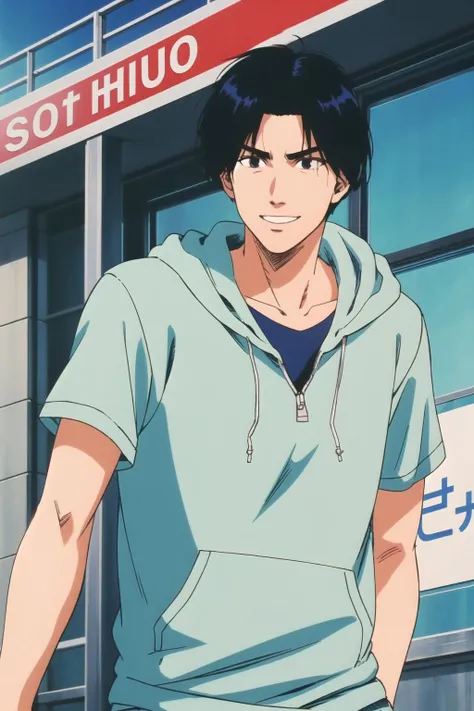 masterpiece,best quality,highres,<lora:Mitsui Hisashi:0.6>,Mitsui Hisashi,1boy,solo,black hair,black eyes,hoodie,cowboy shot,road sign,happy,