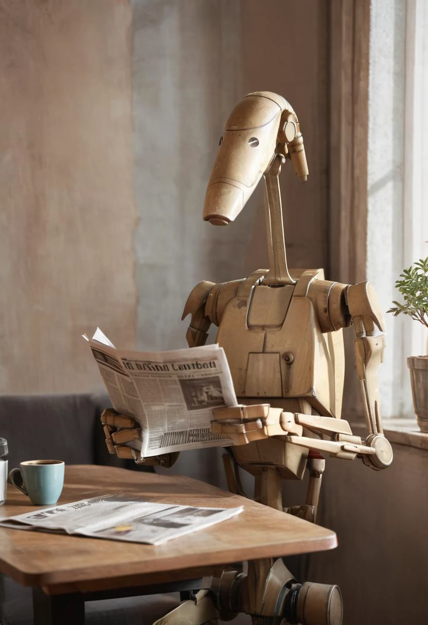 B1 droid reading newspaper in the morning, sitting at table, coffee, Interior Photography <lora:B1 Droid v1.0:1>
