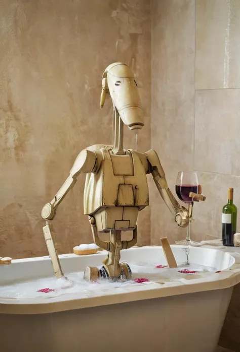 B1 droid having a bath, bathtub, wine, bathroom, Interior Photography <lora:B1 Droid v1.0:1>