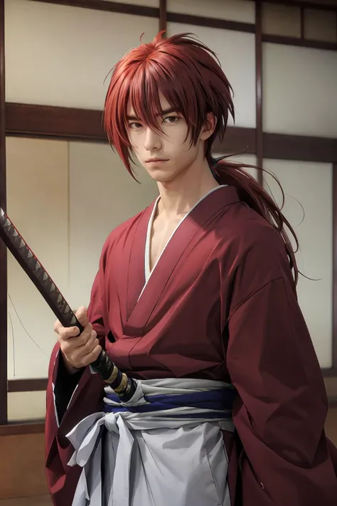SamuraiXQuiron man,
solo, long hair, 1boy, ponytail, male focus, red hair, japanese clothes, kimono, scar, katana, sheath, scar on face, sheathed, unsheathing, samurai,
<lora:quiron_SamuraiX_v1_Lora:0.77>