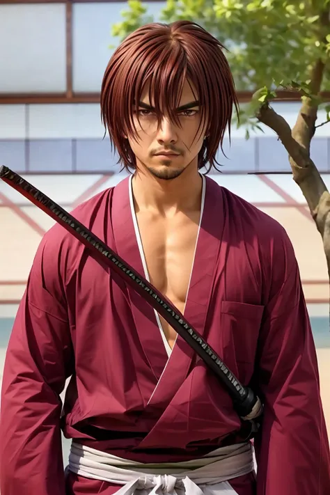 realistic, SamuraiXQuiron man,
solo, long hair, 1boy, ponytail, male focus, red hair, japanese clothes, kimono, scar, katana, sheath, scar on face, samurai,
<lora:quiron_SamuraiX_v1_Lora:0.77>