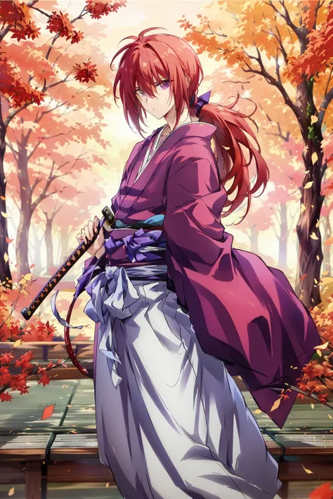 SamuraiXQuiron man, 
solo, long hair,  skirt, 1boy,  purple eyes, ponytail, male focus, red hair,  katana,  hakama, scar on face, red kimono, samurai, 
<lora:quiron_SamuraiX_v1_Lora:1>