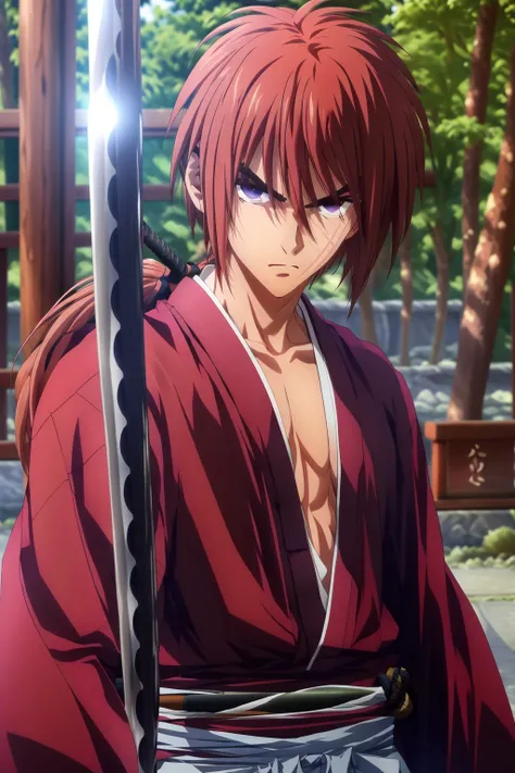 SamuraiXQuiron man, 
solo, long hair, 1boy, ponytail, weapon, male focus, red hair, japanese clothes, sword, scar, katana, sheath, hakama, samurai, close-up, eye focus, orange hair, 
<lora:quiron_SamuraiX_v1_Lora:1>