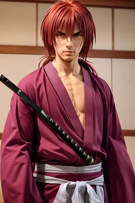 (realistic:1.5), SamuraiXQuiron man, 
solo, long hair, 1boy, ponytail,  male focus, red hair, japanese clothes,  kimono, scar, katana, sheath, scar on face, samurai, 
<lora:quiron_SamuraiX_v1_Lora:0.77>