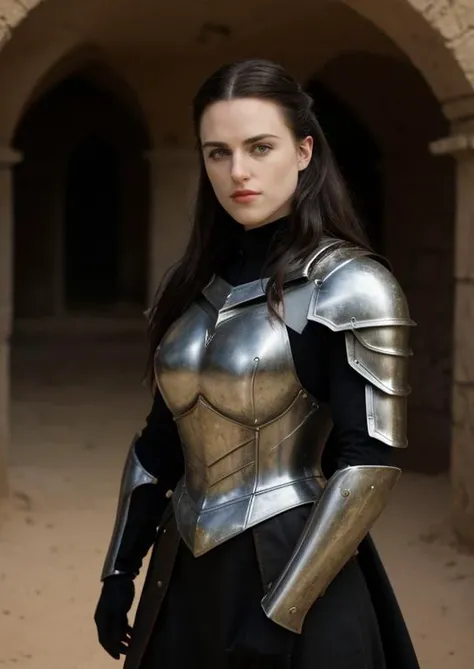 A professional photograph of action hero KatieMcGrathTIDoli, a beautiful woman wearing a knightly armor, she's an elven paladin on her way to Jerusalem, sornate ilver colored armor with a tabard, ancient medieval warrior woman, black hair, stunningly beautiful, athletic body, she's <lora:KMG:0.7>, she's posing sideways, like it's instagram, posing in a desertic oasis, action film shot, award winning shot, cinematographic lighting. Action scene, masterpiece, 4k, 8k. absurdres