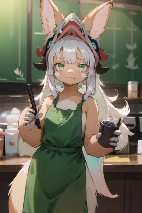 masterpiece, best quality, ultra-detailed, illustration, epic lighting, cinematic composition, colorful, <lora:nanachiMadeInAbyss_charNanachi:1> 1girl, cute, chibi, (furry, furry female, fluffy:1.2), long gray hair, bangs, sidelocks, green eyes, :3, fangs, animal ears, nanachihat, (green apron:1.1), (holding cup:1.1), marker, meme, cafe, (looking at viewer:1.2), cowboy shot, (8k:1.1), <lora:breast_milk_latte:0.7>
