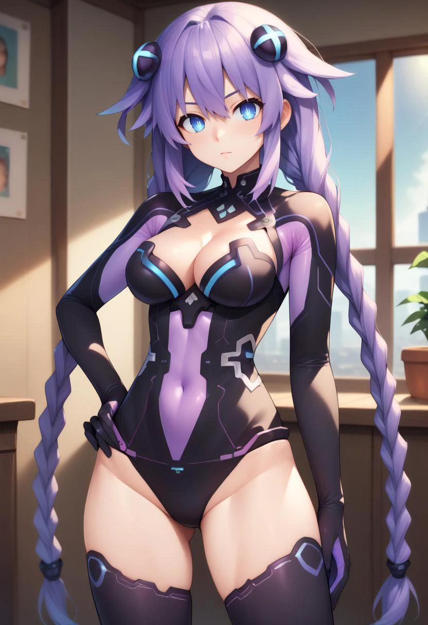 score_9, score_8_up, score_7_up, <lora:purpleheart-hdn-richy-v1_pdxl:1> prplhrtdef, twin braids, hair ornament, leotard, cleavage cutout, thighhighs, gloves contrapposto, standing, hand on hip