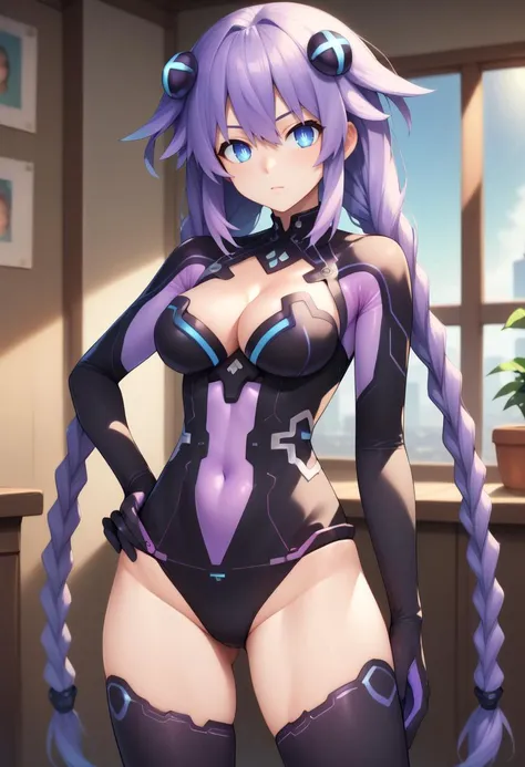 score_9, score_8_up, score_7_up,  <lora:purpleheart-hdn-richy-v1_pdxl:1> prplhrtdef, twin braids, hair ornament, leotard, cleavage cutout, thighhighs, gloves contrapposto,  standing, hand on hip