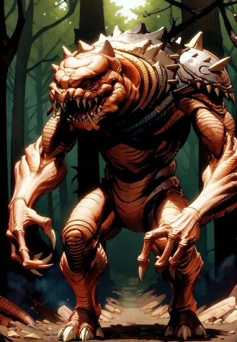 best quality, intricate details, a bipedal swrncrmnst creature in a forest <lora:Rancormonsterv2:0.8>