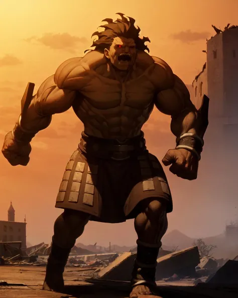 bersecar, male focus, giant, muscular, armor, bracelet, belt, anklet, topless male, sunset, sky, clenched hands, standing, night, nigh sky, aura, rubble, (castle), red eyes, outdoors,  open mouth, running <lora:bersecar_V2-10:1>