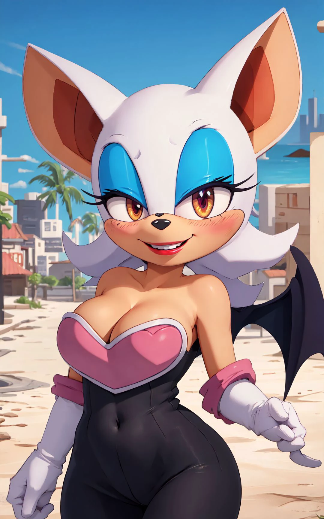<lora:rougeTheBat>,rouge the bat,masterpiece,best quality,1girl,solo,furry,blue eyeliner,cleavage,bat wings,bodysuit,white gloves,heart,dynamic angle,smile,red lipstick,blush,looking at viewer,city background,