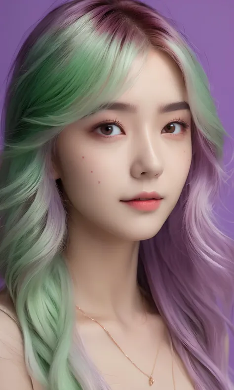(masterpiece,best quality, ultra realistic,32k,RAW photo,detail skin, 8k uhd, dslr,high quality, film grain:1.5),long hair,light green hair hair:1.1,portrait,lady,brown eyes,Peach Emo clothing,freckles,(electric purple gradient background,led light, edge light, simple background),