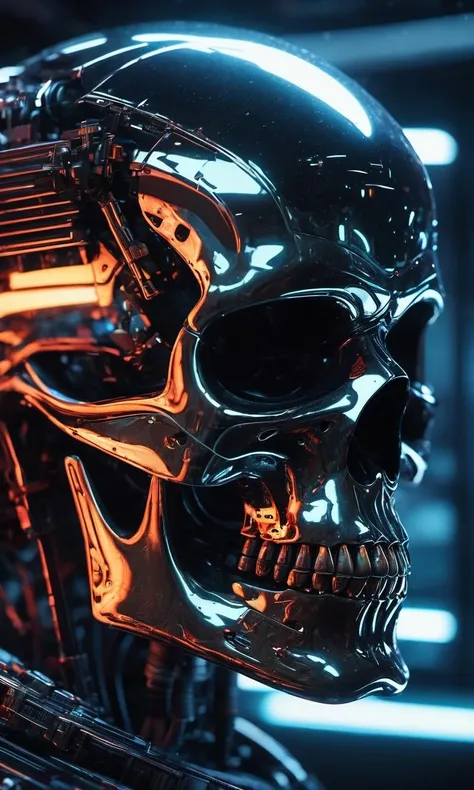 skull-like face of terminator in the space station, neon lights reflections, reflection mapping, intricate details, dramatic lighting, hyperrealism, cinematic, 8k, sharp focus, epic composition, unforgettable illustration