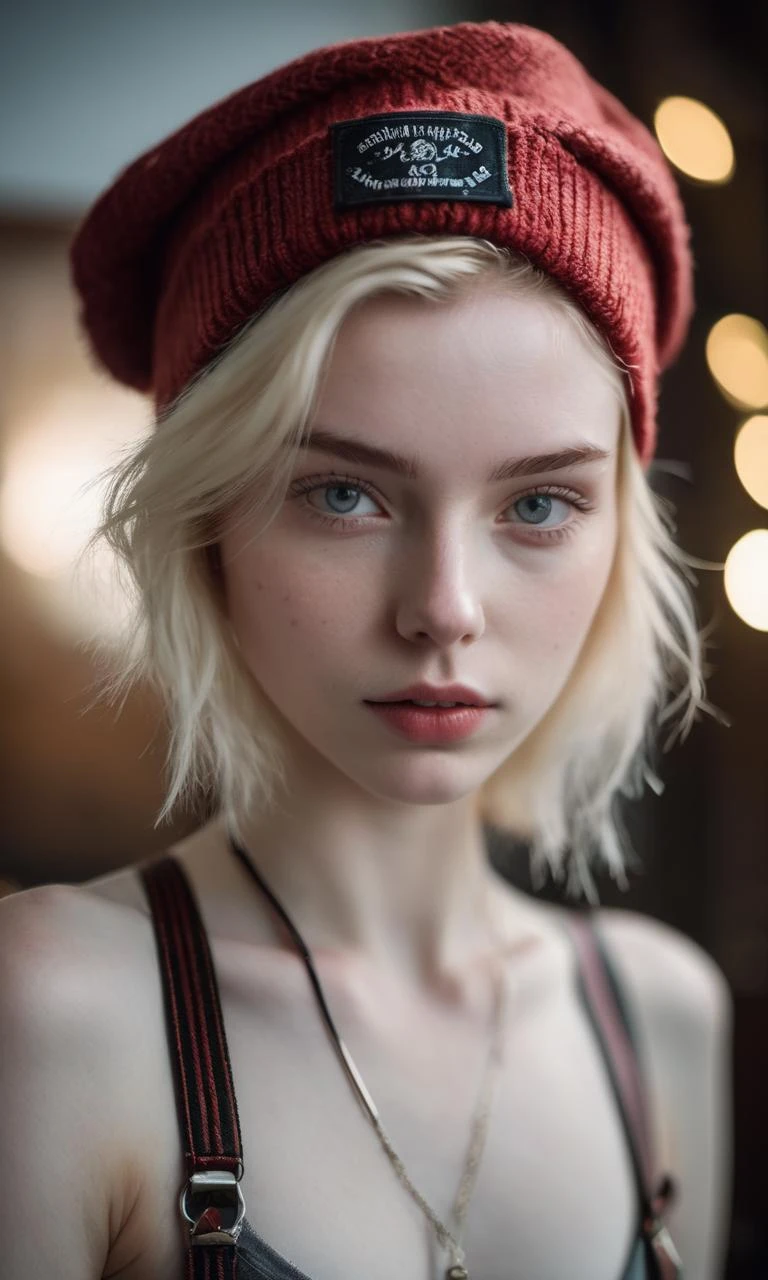 Thorough,analog style,eye focus,highest quality,(highly detailed skin),photo of an exquisitely beautiful pale skin punk Dutch girl,21yo,(wearing harness, and beanie),perfect face,alluring eyes,[seductive makeup],skin pores,(piercing:0.5),indoor,messy bedroom,(bokeh:0.6),sharp focus,dappled lighting,(backlighting:0.7),film grain,photographed on a Sony A7R IV,18mm F/1.7 cine lens,(highly detailed, intricately detailed),8k,HDR,seductively posing,front view,(upper body:0.9),