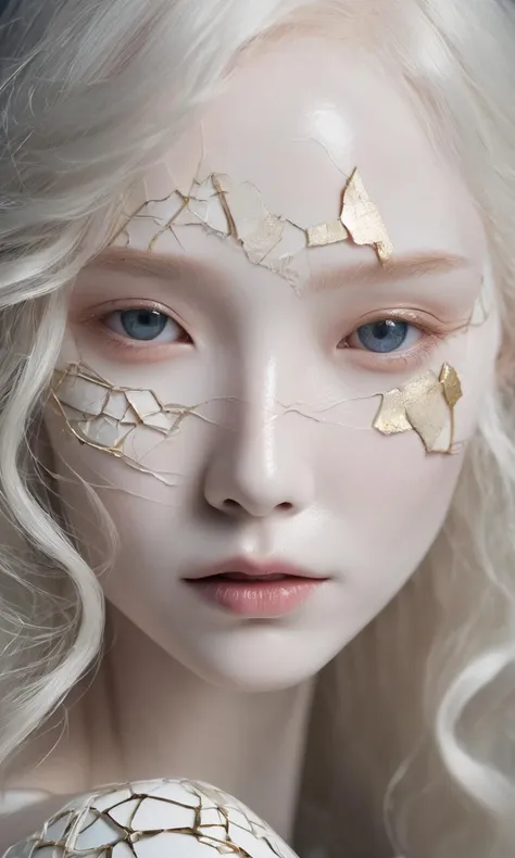 portrait of a doll with porcelain kintsugi skin,cracked skin,shattered porcelain skin,deep fine cracks,kintsugi,soft focus,half body editorial shot,detph of field,uncanny,long white hair,stunning perfect shining eyes,pale skin,shy smile,intricitaly hyperdetailed,amazing depth,expansive details,cracked surface,iridescent surface,Anna Dittmann,Dominic Qwek,complex masterwork by head of prompt engineering,