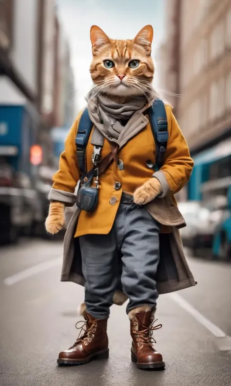 This cat is an astonishing urban explorer. It stands and walks in a unique manner, akin to a professional walker. Clad in sturdy workwear, each step it takes is firm and resolute, as if declaring a challenge to the city. Its boots are its trademark, as it opts for stylish footwear to stand out in the urban landscape. Striding through the bustling city streets, it faces challenges head-on, exuding an air of confidence and courage. This cat is a unique star in the urban setting, attracting numerous onlookers, not just for its distinctive attire but also for its unwavering determination and personality,creating a super cute image that combines style with cuteness,Leonardo Style,detailmaster2