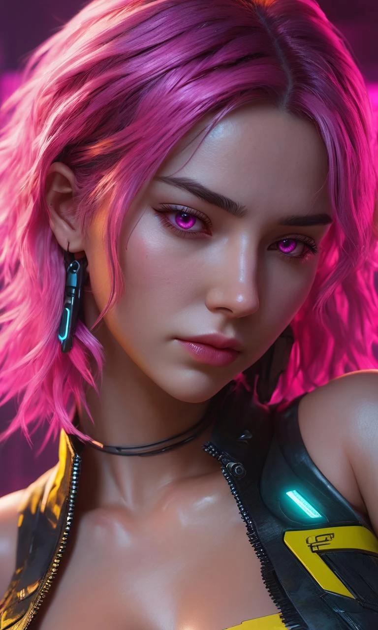 cyberpunk 2077 anime, masterpiece art, best quality ;o,, realistic face and hands on body :D;pink eyes with closed mouth:cinematic lighting from above ãbeautiful detailed hair ornament by Gail Sanguinosa 1girl lying prone to a sexually suggestive looking pov.
