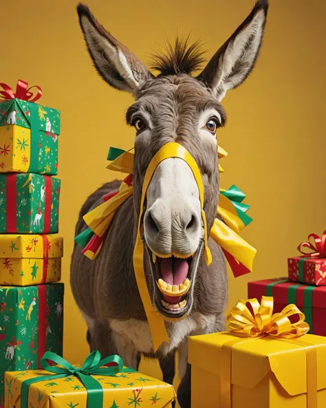 Freeze-frame the pure, unbridled joy of Donkey tearing into a brightly yellow Christmas present. Emphasize the wide-eyed excitement, the crumpling of wrapping paper, and the magic of the holiday season. Use vibrant and playful colors to convey the infectious energy of the moment, capturing the essence of youthful delight. <lora:shocked:0.85> shocked, nonplussed