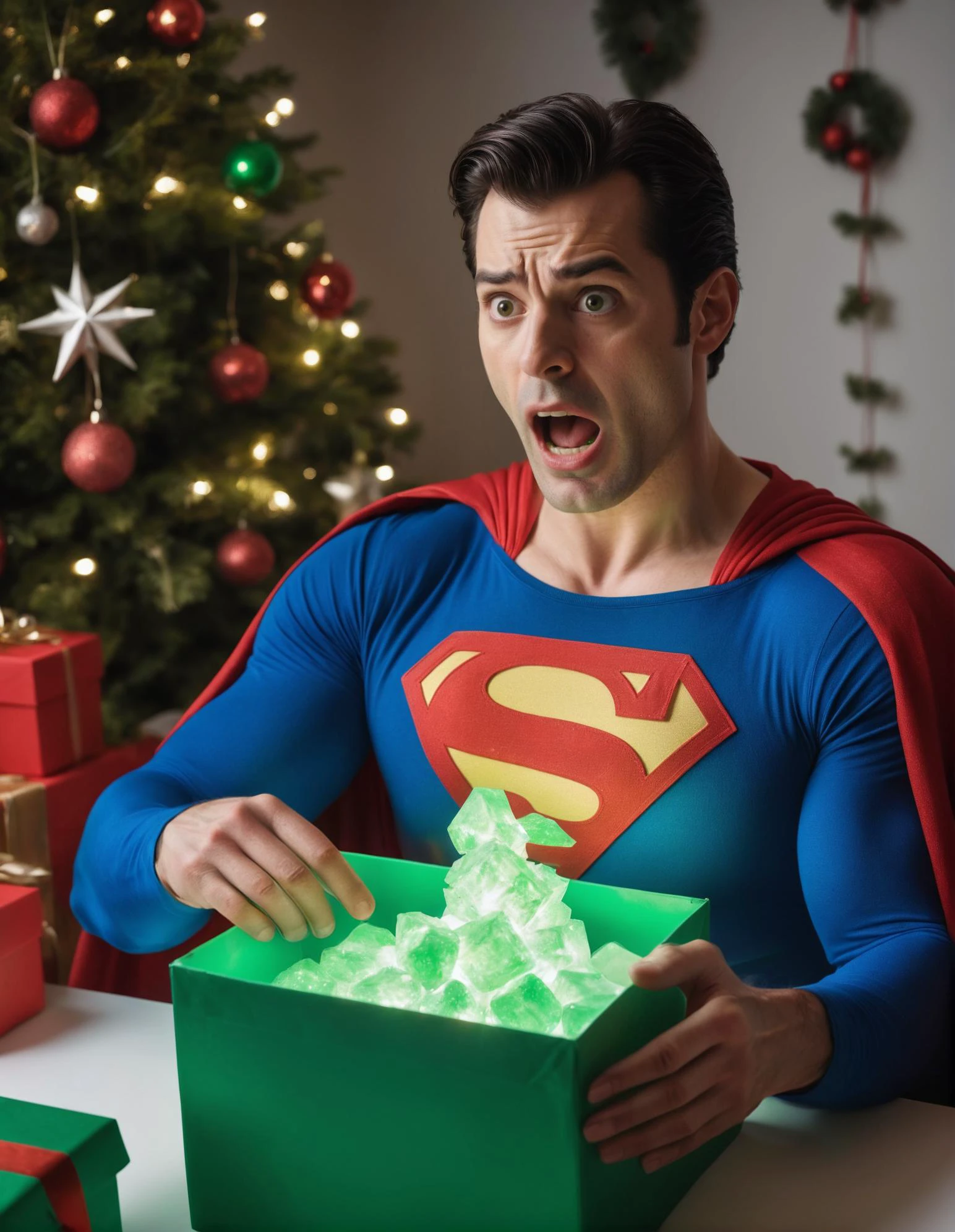 <lora:shocked:1.3> (visibly ill, shocked, nonplussed Superman man unwrapping an open box full of glowing kryptonite:1.1), UHD RAW photo, Nikon F2 Camera, Æ/1, ISO 3200, 200mm lens, background holiday decorations, at noon, (sharp focus, realistic:1.2)