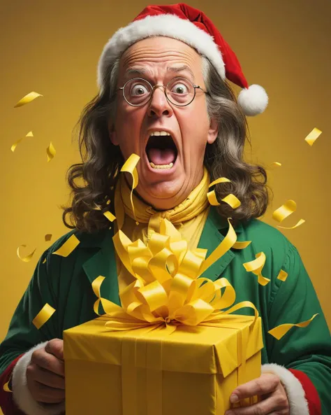 "Benjamin Franklin " tearing into a brightly yellow Christmas present. excitement, holiday season. delight. <lora:shocked:0.85> shocked, nonplussed
