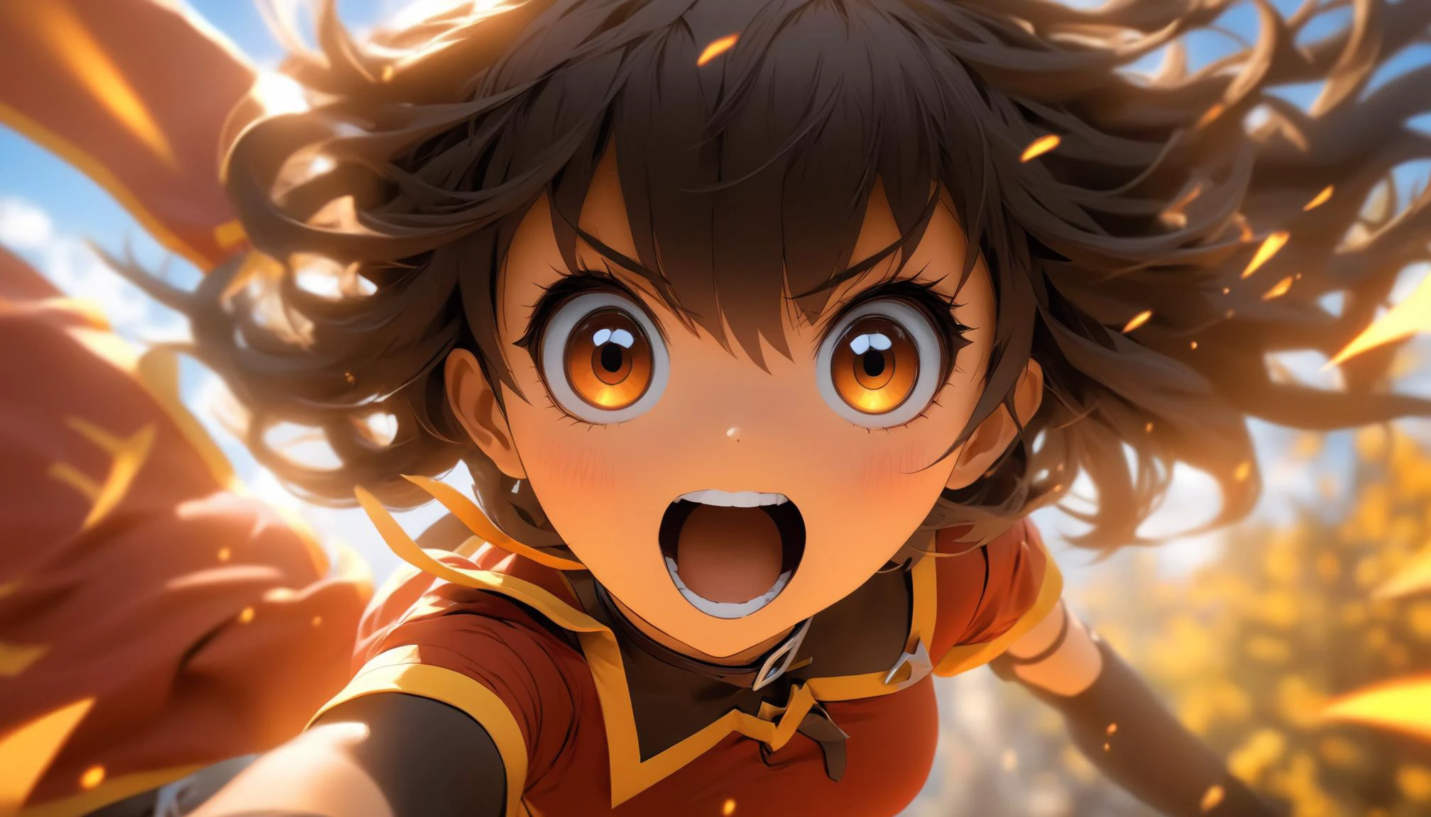 <lora:shocked:0.5>, shocked, , 1girl , <lora:SDXL - MeguminXL:0.5>, megumin, konosuba, smileyhat, a parallel dimension of talking animals, very thin waist, <lora:SDXL_MassiveCowsLoRA_v1:0.1> breasts, cleavage, slim body,, (8k, masterpiece, best quality, ultra-detailed), (an extremely delicate and beautiful)kawaii, cute, very big eyes, Aesthetic Anime Eyes, small face, large breasts, cinematic lighting, , Intricate, High Detail, Sharp focus, dramatic, masterpiece, best quality, ultra-detailed,