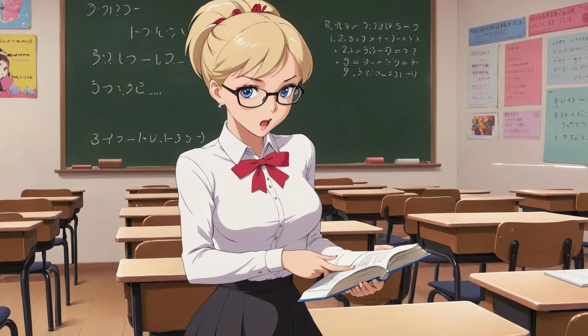 <lora:shocked:0.5>, shocked,, raw photo, backview, blonde teacher with cute makeup, age 40, face detailing, (holding textbook and with a pointer: 1.4) , black tight superminiskirt 40 cm long with slit on the back, in high-heeled shoes, in the crowded classroom, white tight - fitting blouse , stylish glasses, , (Thigh high socks :1.3), ponytail, red ribbon, skin tight , (side breasts) , shoulder, collarbone, students, desks ,chairs, long earrings, textbooks, blackboard, classroom, graphic eyeliner, rouge, (choker:0.9), realistic skin texture,,, very thin waist, <lora:SDXL_MassiveCowsLoRA_v1:0.1> breasts, cleavage, slim body,, (8k, masterpiece, best quality, ultra-detailed), (an extremely delicate and beautiful)kawaii, cute, very big eyes, Aesthetic Anime Eyes, small face, large breasts, cinematic lighting, , Intricate, High Detail, Sharp focus, dramatic, masterpiece, best quality, ultra-detailed,