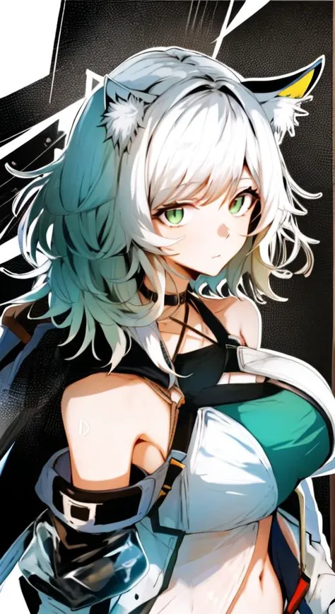 1girl, kal'tsit (arknights), animal ears, solo, oripathy lesion (arknights), navel, breasts, green eyes, dress, green dress, looking at viewer, cat ears, large breasts, groin, animal ear fluff, bare shoulders, clothes lift, short hair, lifted by self, bangs, off-shoulder dress, green hair, dress lift, off shoulder, long sleeves, white hair, stomach, detached collar, upper body, closed mouth, collar, collarbone, detached sleeves, midriff, choker, halterneck, see-through, watch, criss-cross halter, see-through sleeves, wristwatch, medium hair, cowboy shot
(Highres), 8K, Detailed, Ambient Light, Digital Art, Soft Lighting, (Hyper-Detailed Background:1.2), Messy Hair, (Mature Face:1.4), (beautiful face:1.15), (((masterpiece))), (highest quality), ((perfect face)), very deep eyes, (cinematic lighting), detailed eyes, best quality, realistic background, highres, (intricate details), detailed finger, extremely detailed, intricate, award-winning, hyper-detailed, hard lighting, intricate details, eyes focus, (illustration:1.1), highres, trending on artstation