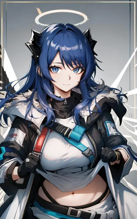 1girl, mostima (arknights), horns, solo, gloves, navel, halo, blue hair, shirt, long hair, looking at viewer, breasts, smile, clothes lift, white shirt, blue eyes, lifted by self, asymmetrical gloves, fur trim, white gloves, jacket, open clothes, mismatched gloves, groin, stomach, black gloves, black jacket, midriff, long sleeves, energy wings, shirt lift, open jacket, black shorts, demon horns, shorts, upper body, bangs, large breasts, hood, closed mouth, coat, cowboy shot, wings, open coat, fur-trimmed jacket, detached wings, medium breasts, hair between eyes, white border, fur-trimmed hood, border, hood down, short shorts
(Highres), 8K, Detailed, Ambient Light, Digital Art, Soft Lighting, (Hyper-Detailed Background:1.2), Messy Hair, (Mature Face:1.4), (beautiful face:1.15), (((masterpiece))), (highest quality), ((perfect face)), very deep eyes, (cinematic lighting), detailed eyes, best quality, realistic background, highres, (intricate details), detailed finger, extremely detailed, intricate, award-winning, hyper-detailed, hard lighting, intricate details, eyes focus, (illustration:1.1), highres, trending on artstation