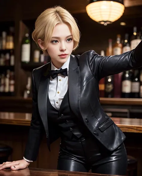 A portrait of (Kingms) who is a bartender, she has bridal makeup, she is (wearing black horsehide suit pants), (horsehide tuxedo long tailcoat), leaning forward to a bar table, she is arrogant, the interior is dim, she has blonde short hair, (cowboy shot), <lora:King:0.4>, (dancing her arms), barehanded