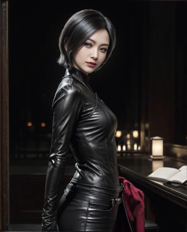 (masterpiece), (upper body), (((half-length photo:1.4))), (close up), 1girl Ada Wong who is a royal empress sitting on a throne made of obsidian, she is wearing (Black horsehide royal robe) and (black horsehide tight trousers) with (black horsehide long gloves), she is amused, she has black short hair, she is inside a court of a medieval castle, it is at midnight in winter, ambience is silent and cold, also very dim, <lora:Ada_Wong:0.5>, <lora:epi_noiseoffset2:0.2>, <lora:more_details:0.5>