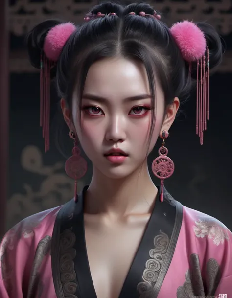 (masterpiece) , (best quality) , (ultra-detailed) , Qin Dynasty (Female:1.2) , Natural, the Female is wearing a Grimdark fashion style Bermudas, her hair is Pink, illustration, disheveled hair, detailed eyes, perfect composition, moist skin, intricate details, earrings, by wlop, PsyAI, Psychedelic, Visionary art, DMT, LSD