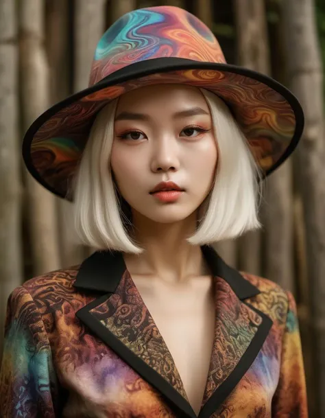 rustic presentation of Girl Set designer, the Girl is dressed in Taiwanese Homburg hat, she has Platinum hair styled as Short bob, 35mm lens, f/4, natural elements, warm tones, PsyAI, Psychedelic, Visionary art, DMT, LSD