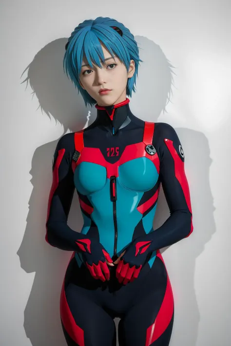 masterpiece, ultra detailed, woman, cosplay, neon genesis evangelion, <lora:rebuildOfEvangelion_v4b-26:0.6>, ayanami rei, wearing eva suit, blue hair, short hair, realistic, real face, shadow, soft lighting, model photoshoot