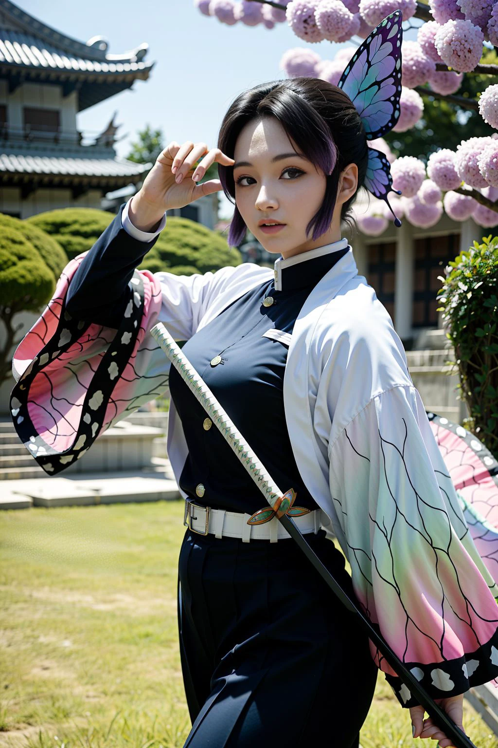 masterpiece, ultra detailed, background is temple, <lora:shinobu_demonslayer:1> kochou shinobu, wearing demon slayer uniform