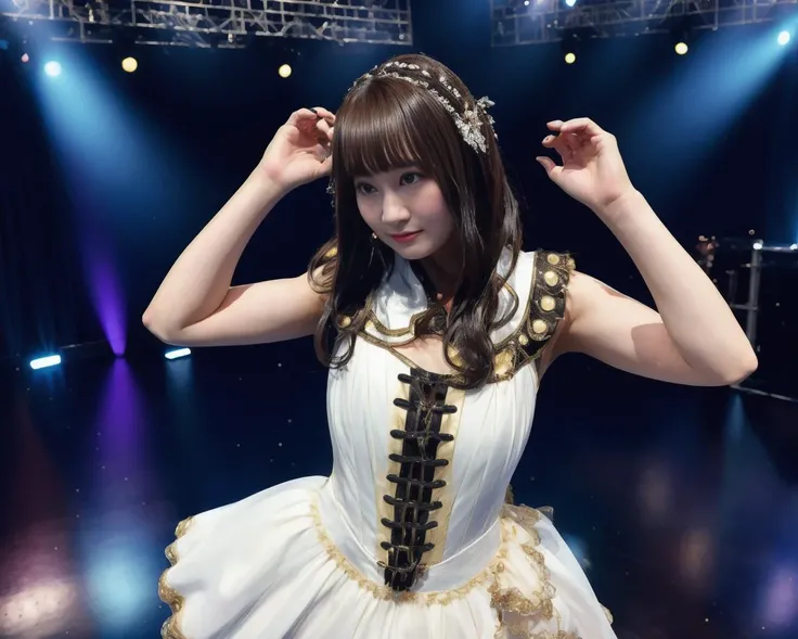 masterpiece, ultra detailed, standing, (upper body:1.1), close up, wearing idol costume, singing, background is a music stage, soft lighting, hair bangs, crowds watching, detailed face textures, (hand on waist:1.2),<lora:egoYChanV2LyCORIS-000008:1>