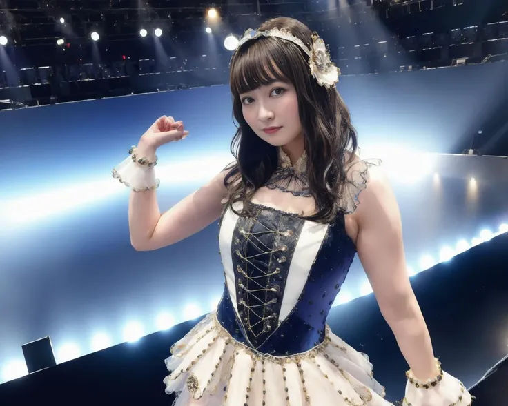 masterpiece, ultra detailed, standing, (upper body:1.1), close up, wearing idol costume, singing, background is a music stage, soft lighting, hair bangs, crowds watching, detailed face textures, (hand on waist:1.2),<lora:egoYChanV2LyCORIS-000008:1>