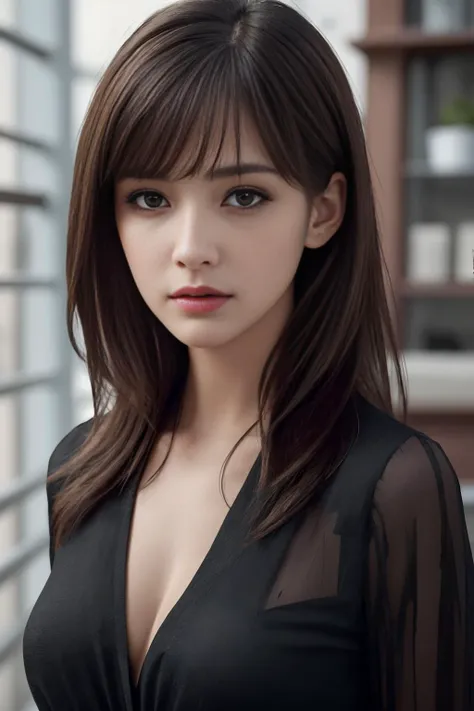 Best quality, masterpiece, ultra high res, portrait, (photorealistic:1.4), raw photo, 1girl, Side Swept Bangs, wearing blouse, detailed face textures,