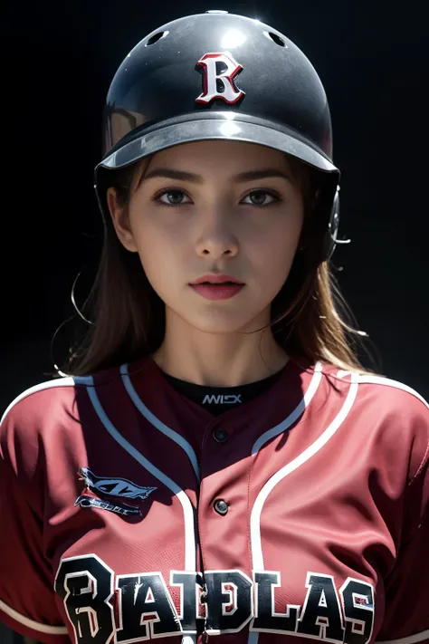 Best quality, masterpiece, ultra high res, portrait, (photorealistic:1.4), raw photo, 1girl, wearing baseball uniform, baseball helmet , in the dark, black background, detailed face textures