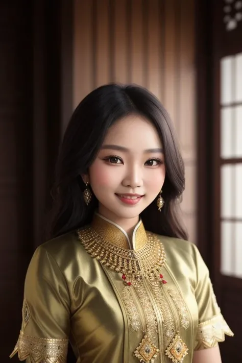 a beautiful javanese woman, smiling, looking at camera, standing, masterpiece, ultra detailed, detailed shadow, detailed face textures
